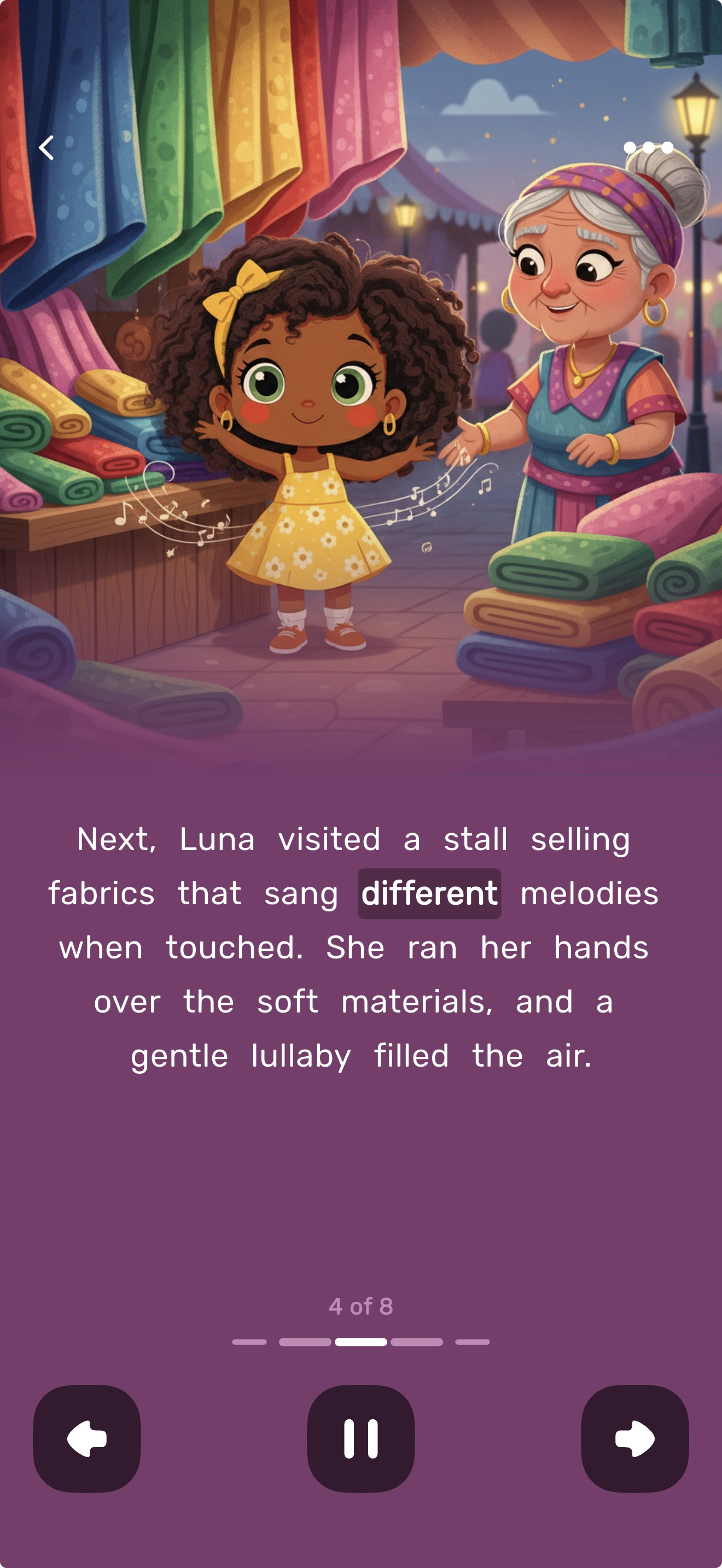 Interactive story page with word highlighting feature