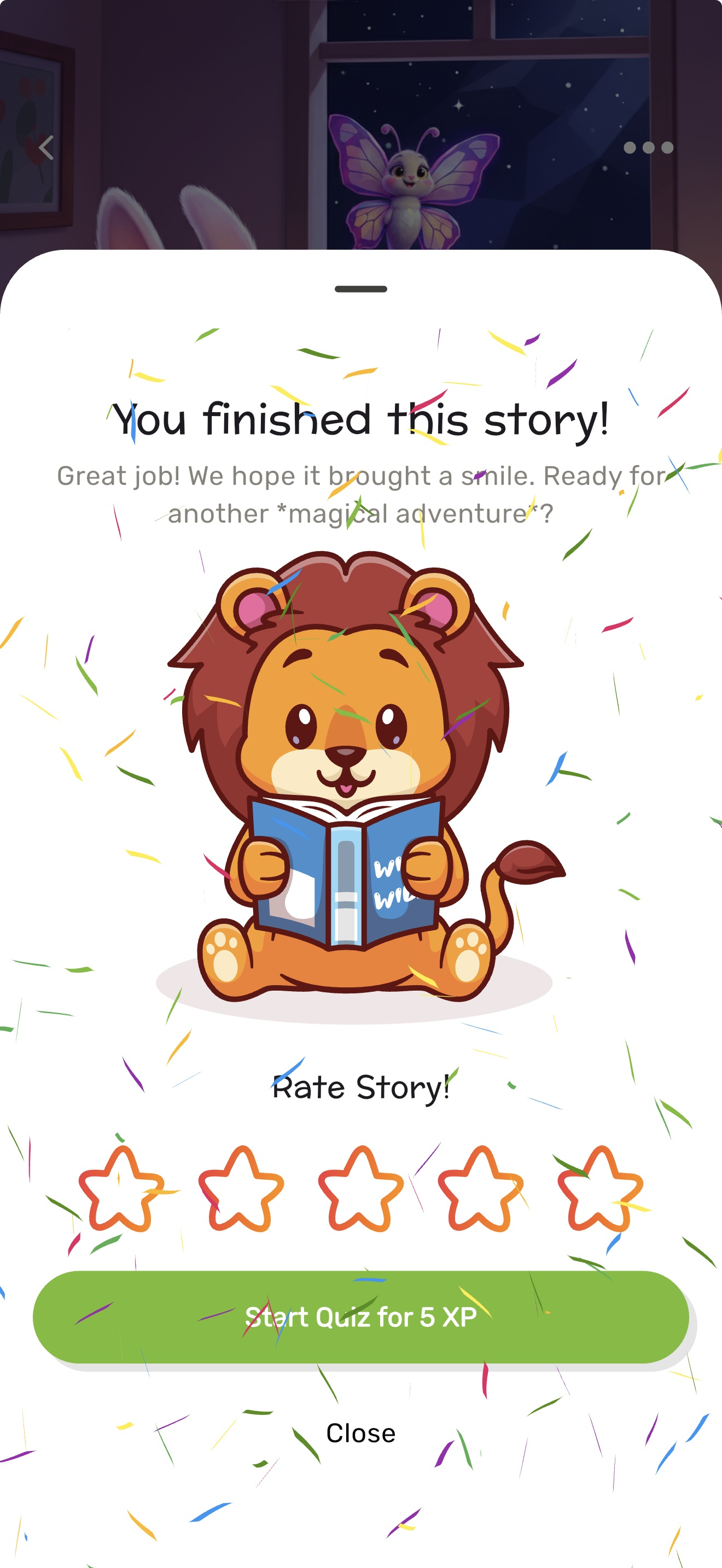 Story completion screen with rating and quiz option